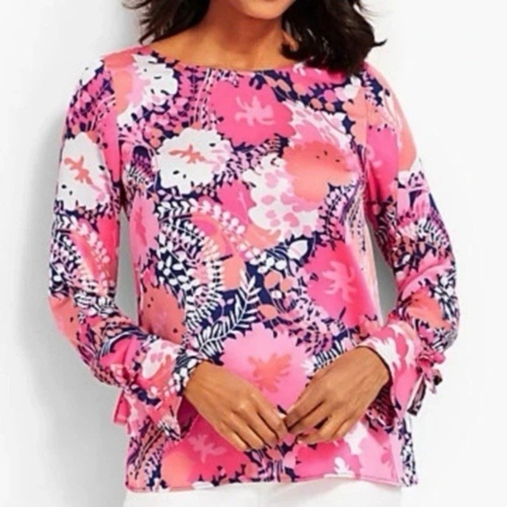 Talbots Petite Medium Floral Satin Blouse Pink Navy Back Button Tie Sleeve Top